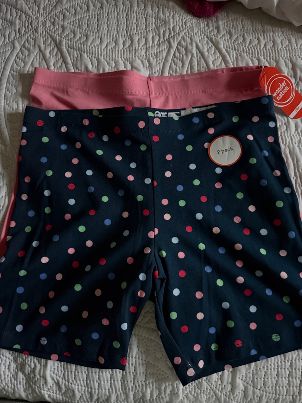 wonder nation Navy Polka Dot Bike Shorts with Pink Waistband - 2 Pack. Size 14